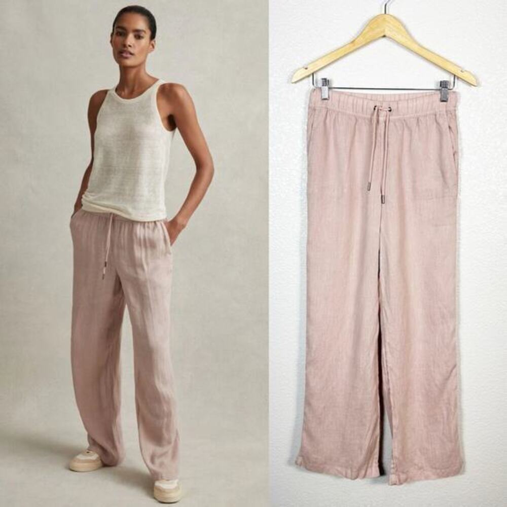 Reiss Blush Pink Linen-Blend Drawstring Wide-Leg Pants